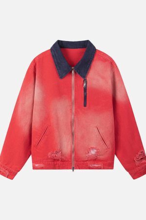 Concert Outfit Retro Ripped Washed Contrast Color Work Jacket