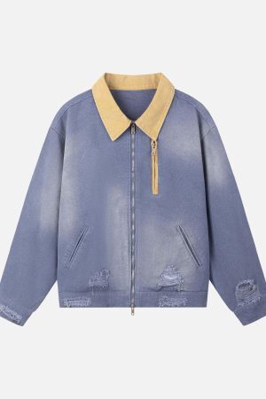Concert Outfit Retro Ripped Washed Contrast Color Work Jacket