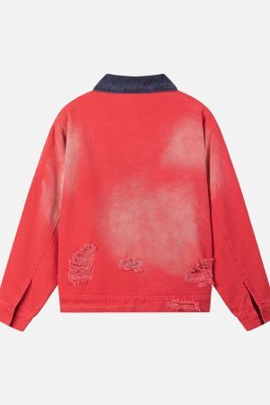 Concert Outfit Retro Ripped Washed Contrast Color Work Jacket