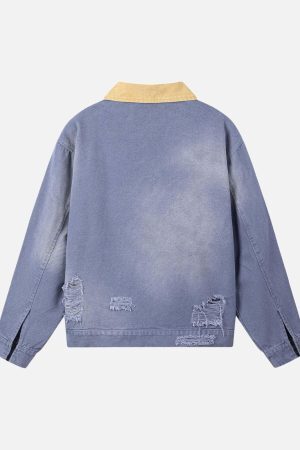 Concert Outfit Retro Ripped Washed Contrast Color Work Jacket