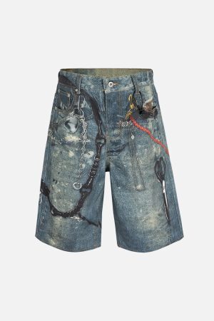 Concert Outfit Retro Scissors Print Cropped Denim Shorts