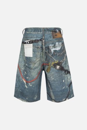 Concert Outfit Retro Scissors Print Cropped Denim Shorts