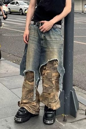 Concert Outfit Retro Stitching Faux Two-Piece Camouflage Jeans