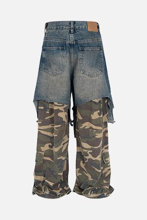 Concert Outfit Retro Stitching Faux Two-Piece Camouflage Jeans