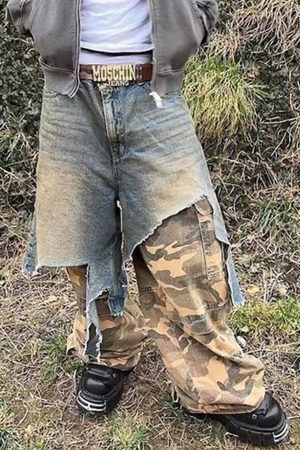 Concert Outfit Retro Stitching Faux Two-Piece Camouflage Jeans