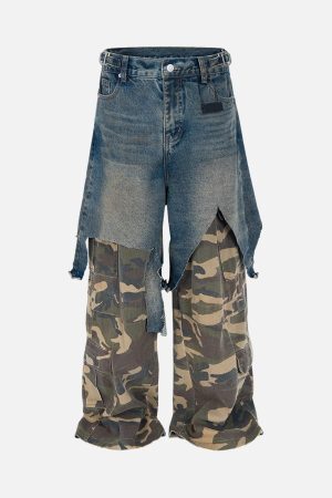 Concert Outfit Retro Stitching Faux Two-Piece Camouflage Jeans