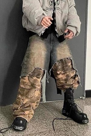 Concert Outfit Retro Stitching Faux Two-Piece Camouflage Jeans