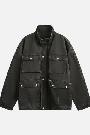 Concert Outfit Retro Washed Distressed Multi-Pocket Work Jacket
