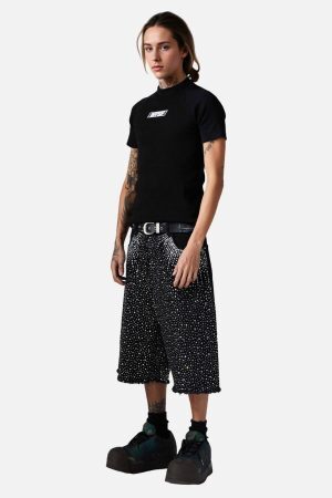 Concert Outfit Retro Washed Rhinestone Raw Edge Denim Shorts