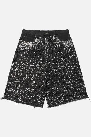 Concert Outfit Retro Washed Rhinestone Raw Edge Denim Shorts