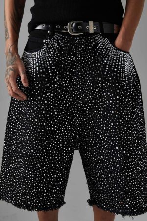 Concert Outfit Retro Washed Rhinestone Raw Edge Denim Shorts