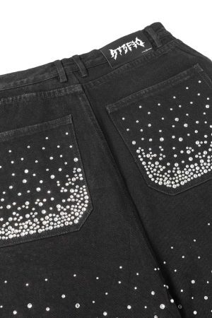 Concert Outfit Retro Washed Rhinestone Raw Edge Denim Shorts