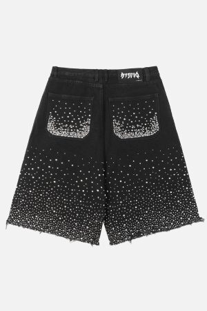 Concert Outfit Retro Washed Rhinestone Raw Edge Denim Shorts