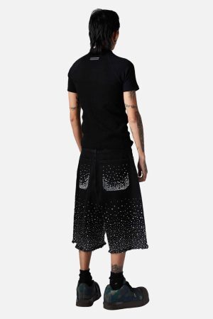 Concert Outfit Retro Washed Rhinestone Raw Edge Denim Shorts