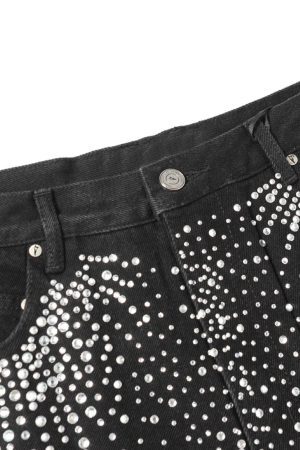 Concert Outfit Retro Washed Rhinestone Raw Edge Denim Shorts
