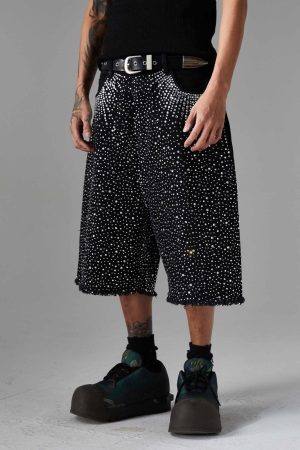 Concert Outfit Retro Washed Rhinestone Raw Edge Denim Shorts