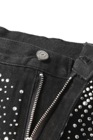 Concert Outfit Retro Washed Rhinestone Raw Edge Denim Shorts