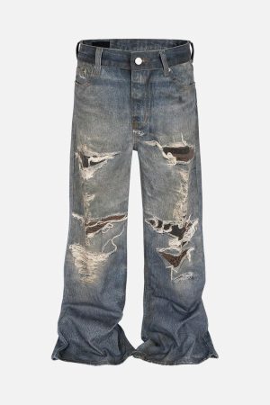Concert Outfit Retro Washed Ripped Flare Jeans