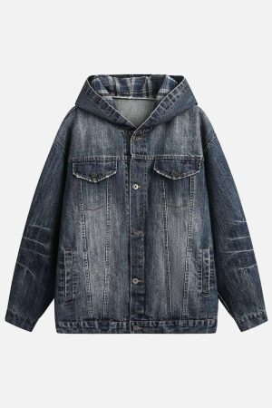 Concert Outfit Retro Washed Workwear Denim Hooded Jacket