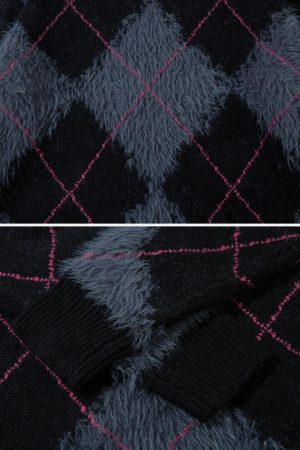 Concert Outfit Rhombus Plaid Embroidery Sweater