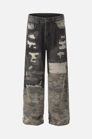 Concert Outfit Ripped Camouflage Patchwork Baggy Jeans