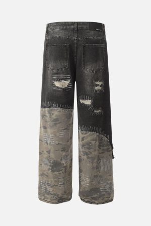 Concert Outfit Ripped Camouflage Patchwork Baggy Jeans