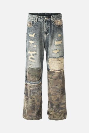 Concert Outfit Ripped Camouflage Patchwork Baggy Jeans