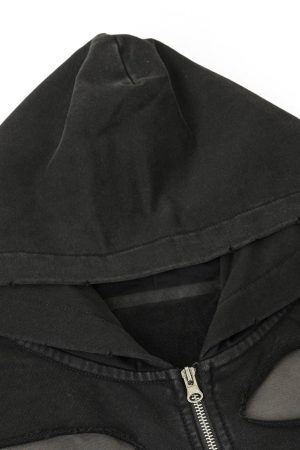 Concert Outfit Ripped Drawstring Zip-Up Jacket