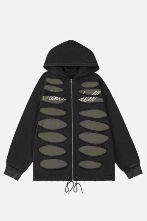 Concert Outfit Ripped Drawstring Zip-Up Jacket