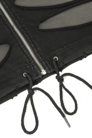 Concert Outfit Ripped Drawstring Zip-Up Jacket