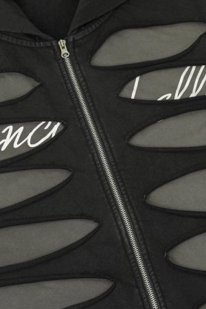 Concert Outfit Ripped Drawstring Zip-Up Jacket