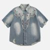 Concert Outfit Ripped Embroidered Floral Denim Shirt