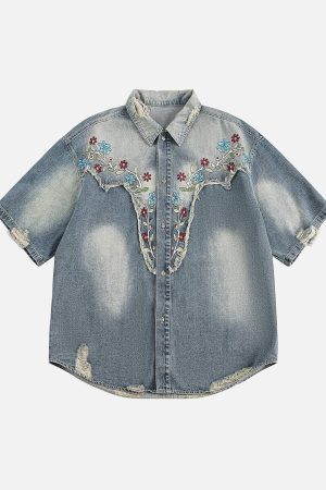 Concert Outfit Ripped Embroidered Floral Denim Shirt
