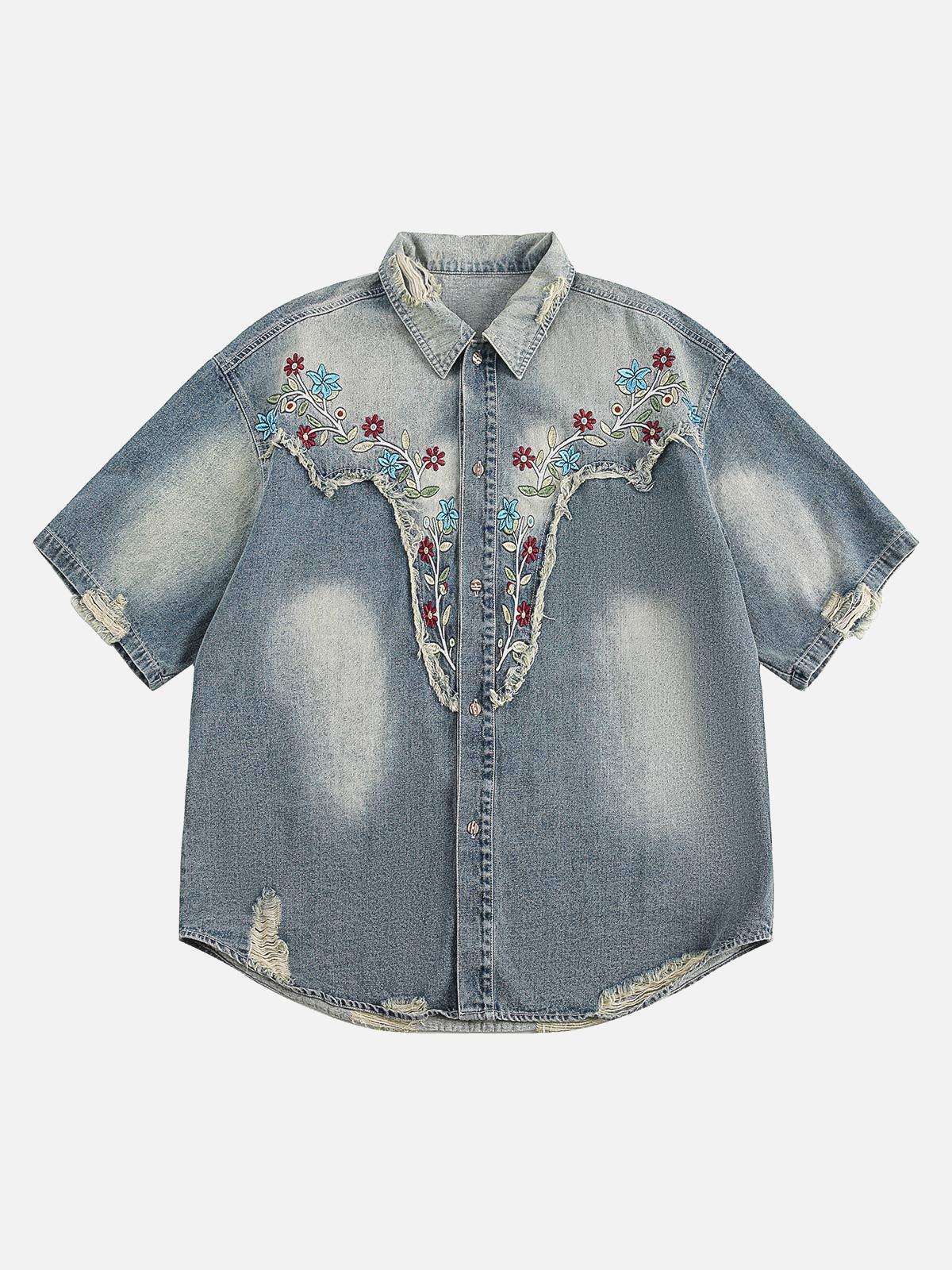 Concert Outfit Ripped Embroidered Floral Denim Shirt Concert Outfit Ripped Embroidered Floral Denim Shirt