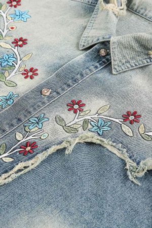 Concert Outfit Ripped Embroidered Floral Denim Shirt