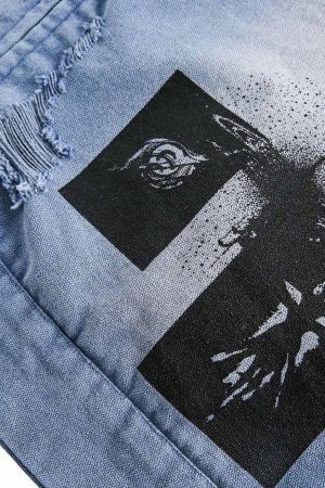 Concert Outfit Ripped Graffiti Washed Zip Up Denim Jacket