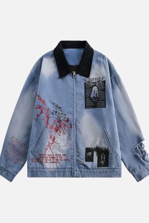 Concert Outfit Ripped Graffiti Washed Zip Up Denim Jacket