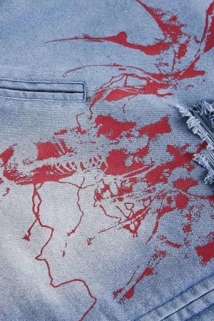 Concert Outfit Ripped Graffiti Washed Zip Up Denim Jacket