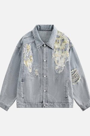 Concert Outfit Ripped Lace Panel Denim Jacket