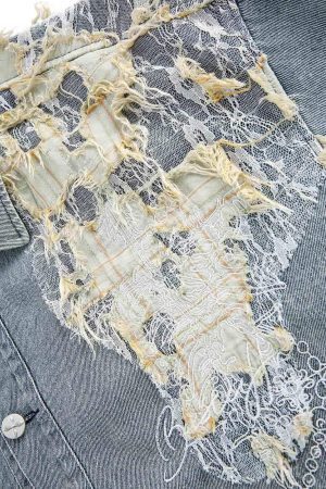 Concert Outfit Ripped Lace Panel Denim Jacket