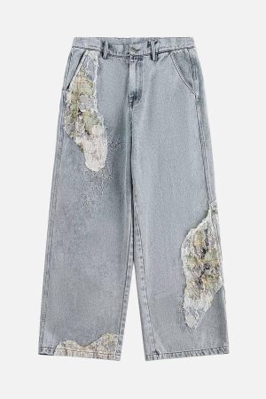 Concert Outfit Ripped Lace Panel Denim Pants