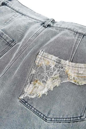 Concert Outfit Ripped Lace Panel Denim Pants