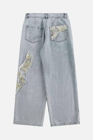 Concert Outfit Ripped Lace Panel Denim Pants