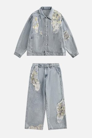 Concert Outfit Ripped Lace Panel Denim Pants