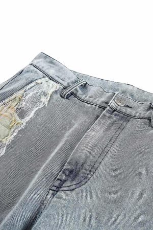 Concert Outfit Ripped Lace Panel Denim Pants