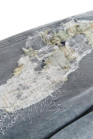 Concert Outfit Ripped Lace Panel Denim Pants