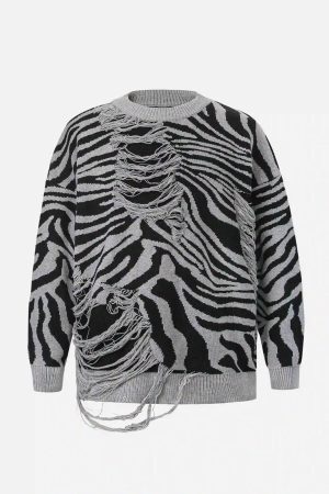Concert Outfit Ripped Zebra Pattern Sweater
