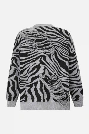 Concert Outfit Ripped Zebra Pattern Sweater