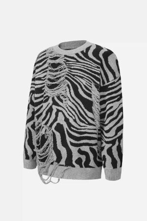 Concert Outfit Ripped Zebra Pattern Sweater