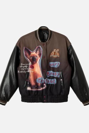 Concert Outfit Siamese Cat Embroidery Leather Bomber Jacket